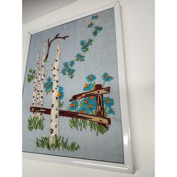 Birch Trees & Flowers Cross Stitch Art Framed 14.75x11.5" Needlepoint - Picture 4 of 10